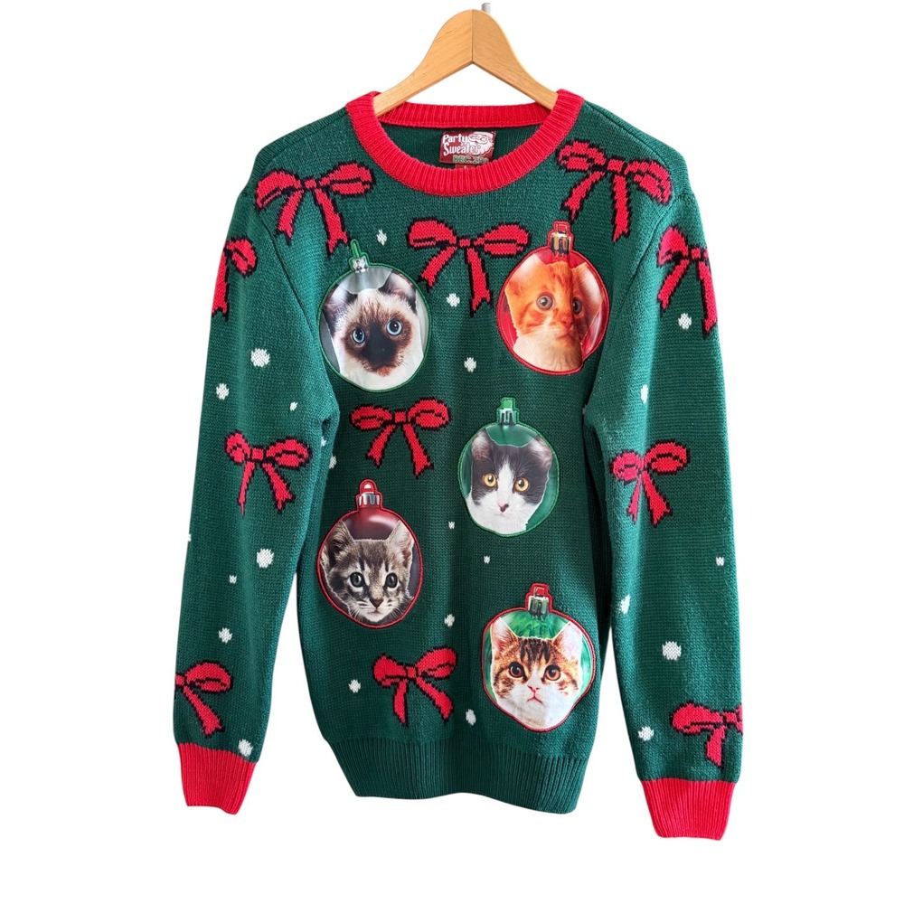 Ugly Christmas Party Sweater Dec 25 Cat/Kittens Ornaments S Holiday Festive
